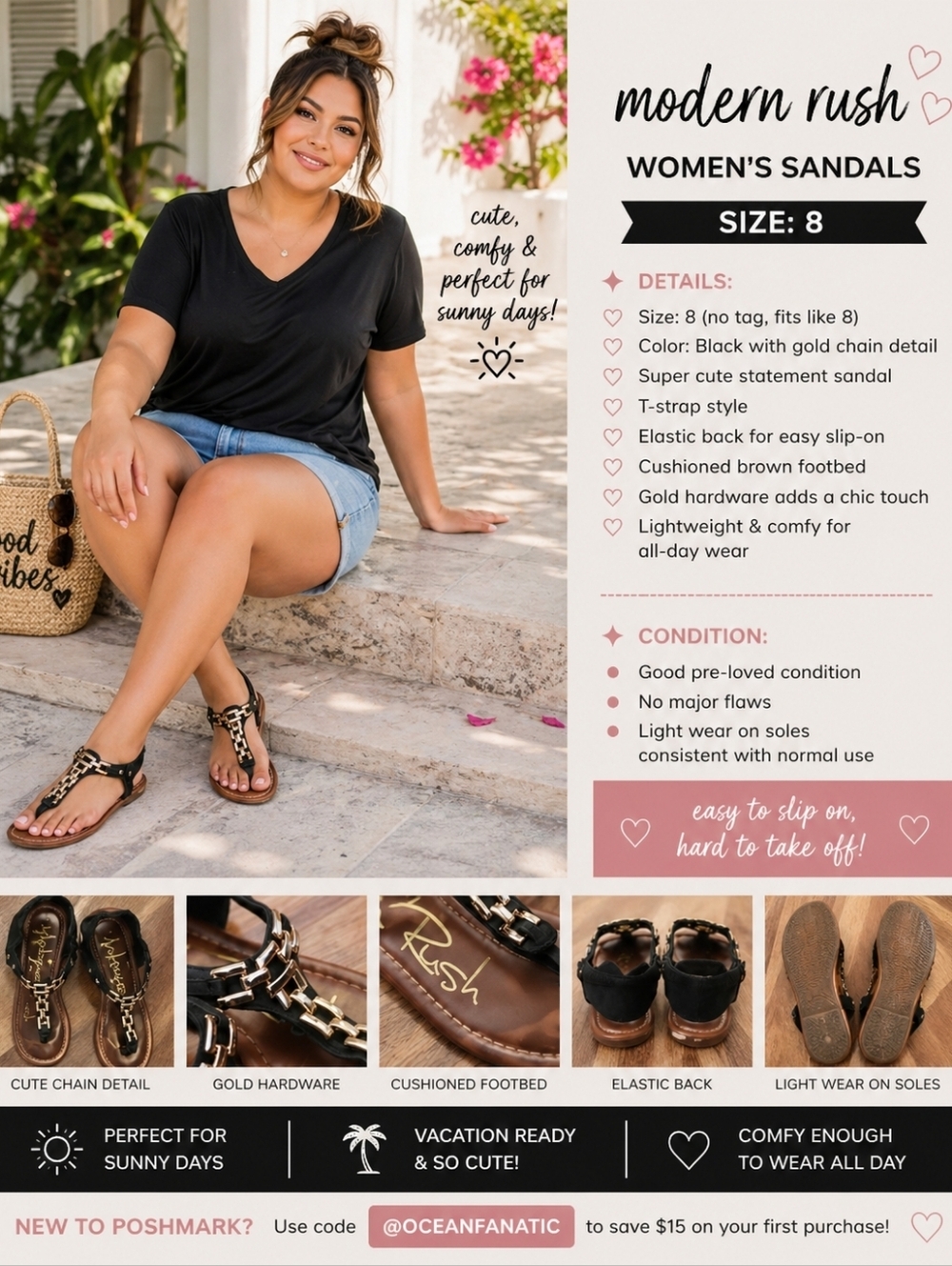 Modern Rush Black Chain Detail Sandals Size 8 Cute Summer Comfy